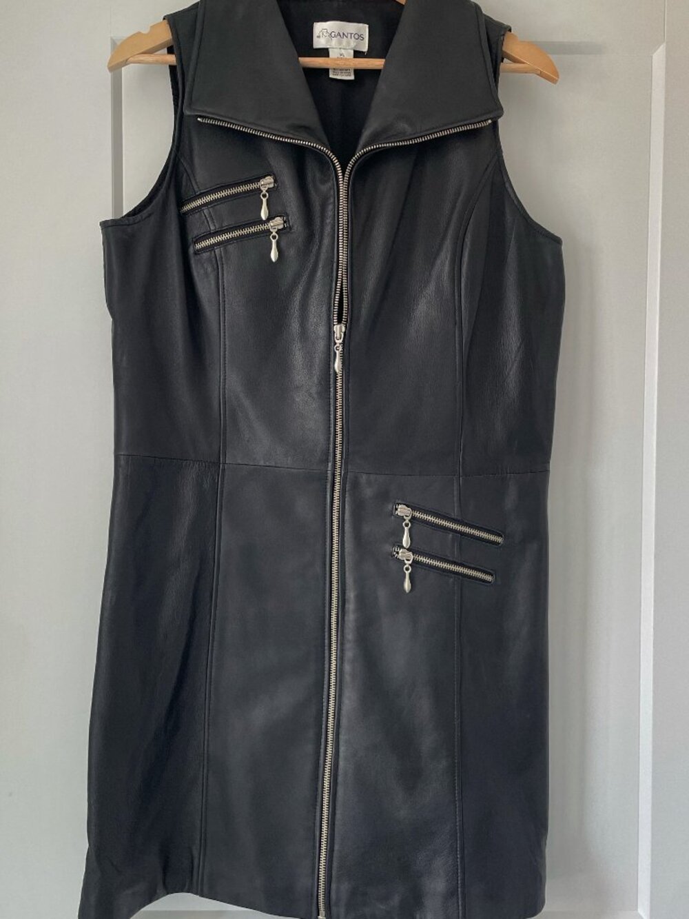 Vintage Gantos Moto‑Style Black Leather Dress Size 14 Fully Lined